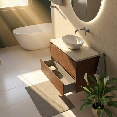 Saniclass Holz Pure Ensemble de meubles de salle de bains - 100x45x63cm - Plan de toilette en pierre naturelle travertin - sans trou de robinetterie - 2 tiroirs - walnut pure mat (bois)