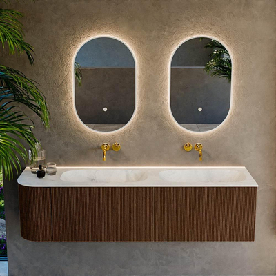 MONDIAZ KURVE-DLUX Meuble de salle de bains 165cm avec module 25 L couleur Walnut avec 2 tiroirs et 1 porte. Lavabo STOR SMALL double / à droite sans trou de robinet couleur Opalo.