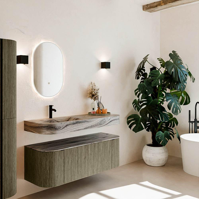 MONDIAZ THOR-DLUX 130cm meuble de salle de bains arrondi gauche + droite couleur Shadow avec 1 tiroir et 2 portes. Vasque suspendue CLOUD Gauche 1 trou de robinet couleur Sombra.