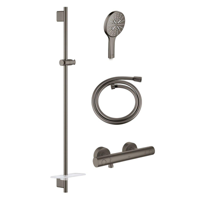 GROHE Grohtherm 1000 Ensemble barre de douche - 90cm - mitigeur de douche thermostatique - avec porte-savon - douchette ronde - flexible lisse - 175cm - hard graphite brossé