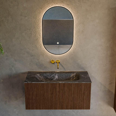 MONDIAZ KURVE-DLUX 90cm badmeubel kleur Walnut met 1 lade. Wastafel BIG SMALL midden zonder kraangat kleur Lava.