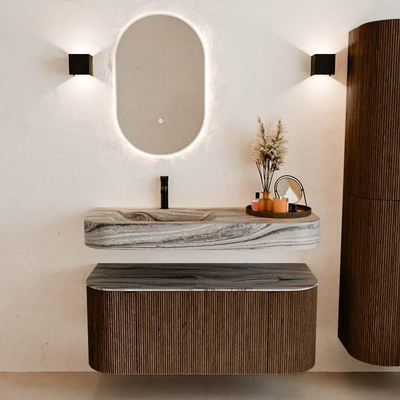 MONDIAZ THOR-DLUX 110cm badmeubel ronding links + rechts kleur Walnut met 1 lade en 2 deuren. Vrijhangende wastafel CLOUD Links 1 kraangat kleur Sombra.