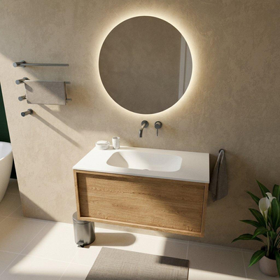 Saniclass Holz Frame Ensemble meuble de salle de bains - 80x45x41.5cm - Flow lavabo en Solid Surface blanc - 1 vasque - sans trou de robinet - 1 tiroir - chêne naturel mat (bois)