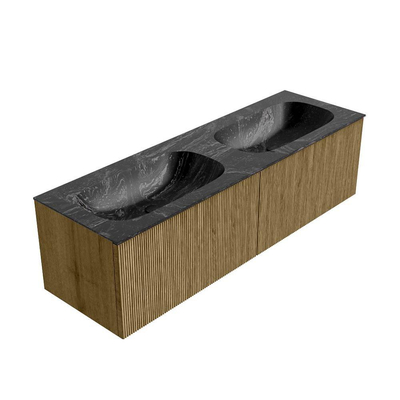 Mondiaz KURVE-DLUX Ensemble de meuble de salle de bains - 150x46x40cm - 2 tiroirs - vasque solid surface - double - sans trou de robinet - Dusk