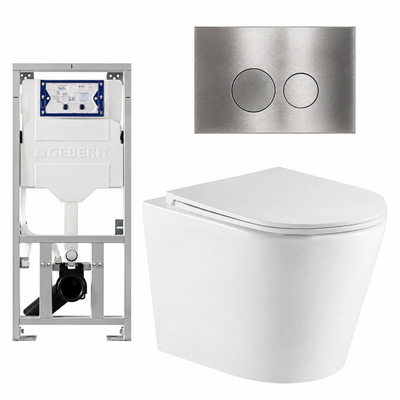 QeramiQ Dely Pack WC cuvette sans bride 36.3x51.7cm avec bâti-support Geberit UP320 abattant WC blanc mat frein de chute et plaque de commande Steel boutons Ronds