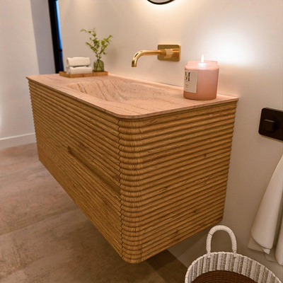 Mondiaz CIRO-DLUX Badkamermeubelset - 110x45x50cm - Solid surface wastafel Saba - 1 wasbak Rechts - zonder kraangaten - 2 lades - Oak