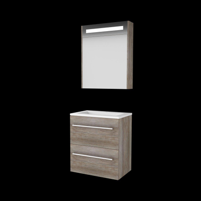 Basic-Line Premium 39 ensemble de meubles de salle de bain 60x39cm avec poignées 2 tiroirs lavabo acrylique 1 trou de robinetterie armoire de toilette éclairage led intégré mfc scotch oak