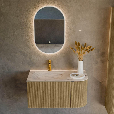 MONDIAZ KURVE-DLUX Meuble de salle de bains 85cm courbe Droite couleur Dusk avec 1 tiroir et 1 porte. Lavabo CLOUD Gauche 1 trou de robinet Nata.