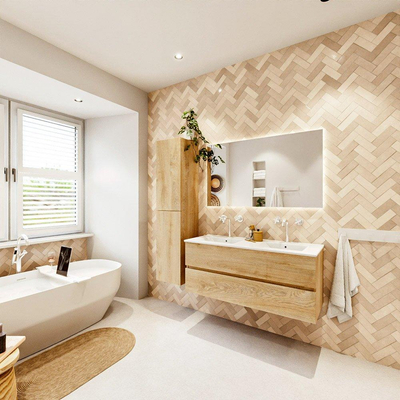 MONDIAZ VICA 120cm badmeubel onderkast Washed Oak 2 lades. Wastafel DENIA dubbel 2 kraangaten, kleur Glanzend Wit.