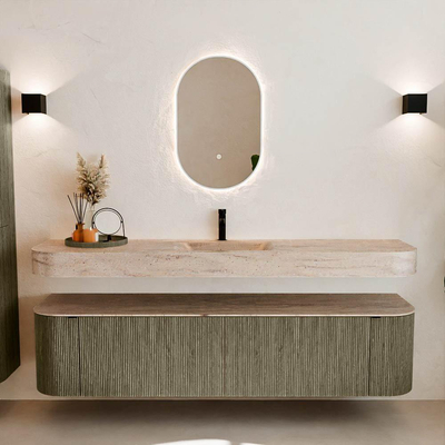 MONDIAZ THOR-DLUX 190cm badmeubel ronding links + rechts kleur Shadow met 2 lades en 2 deuren. Vrijhangende wastafel CLOUD Midden 1 kraangat kleur Saba.