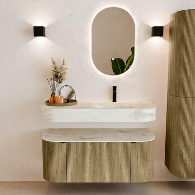 MONDIAZ THOR-DLUX 110cm badmeubel ronding links + rechts kleur Dusk met 1 lade en 2 deuren. Vrijhangende wastafel CLOUD Rechts 1 kraangat kleur Ostra.