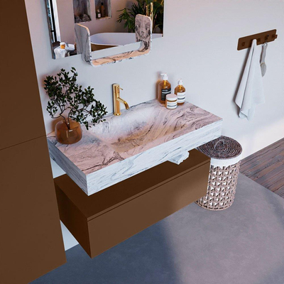 Mondiaz ALAN-DLUX Ensemble de meuble - 90cm - meuble Rust mat - 1 tiroir - Lavabo Cloud Glace suspendu - vasque Centre - 1 trou de robinet