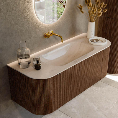 MONDIAZ KURVE-DLUX Meuble de salle de bains 120cm arrondi Gauche + Droite couleur Walnut avec 1 tiroir et 2 portes. Lavabo BIG SMALL Centre sans trou de robinet Meli.