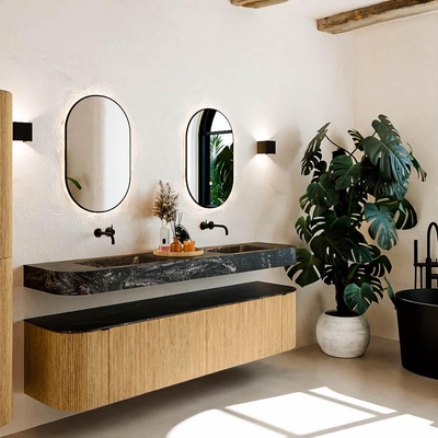 MONDIAZ THOR-DLUX Meuble de salle de bains - 190cm - arrondi gauche + droite - couleur Oak - 2 tiroirs et 2 portes - Vasque suspendue CLOUD Double sans trou de robinet - couleur Lava