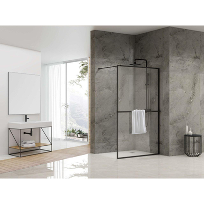 Van Rijn Products ST04 Paroi fixe - 89,5x200cm - verre clair - épaisseur 8mm - incl. barre de stabilisation - incl. porte-serviettes - noir mat