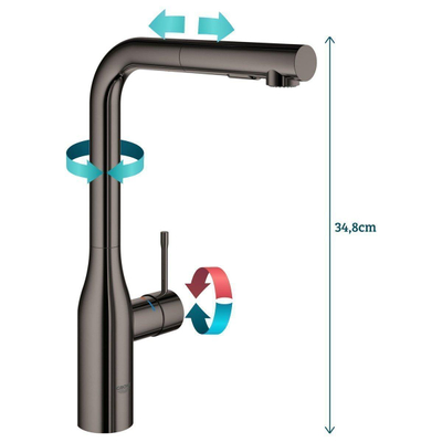 Grohe Essence New Keukenkraan - hoog - draaibare/uittrekbare uitloop - hard graphite glans
