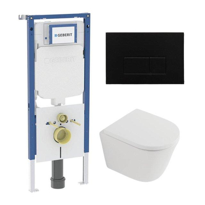 QeramiQ Dely Toiletset - 36.3x51.7cm - diepspoel - rimless - Geberit UP720 inbouwreservoir - softclose toilet zitting 35 mm - metaal mat zwarte bedieningsplaat - rechthoekige knoppen - mat wit