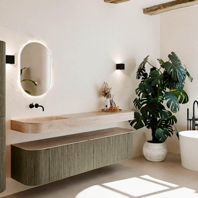 MONDIAZ THOR-DLUX 190cm meuble de salle de bains arrondi gauche + droite couleur Shadow avec 2 tiroirs et 2 portes. Vasque suspendue CLOUD Gauche sans trou de robinet couleur Saba.