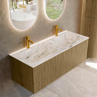 Mondiaz KURVE-DLUX Badkamermeubelset - 120x46x40cm - 1 lade - wastafel solid surface - dubbel - 2 kraangaten - Dusk