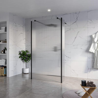 FugaFlow Eccelente Vetro Douche à l'italienne - 110x200cm - verre clair nervuré - anticalcaire - verre de sécurité 8mm - 2 parois latérales 40cm - avec bras muraux et profilés d'angle - Noir mat