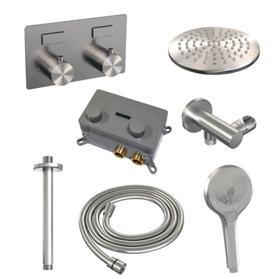BRAUER Brushed Edition Douche de pluie thermostatique encastrée - boutons-poussoirs - SET 59 - pomme de douche 20cm - bras de plafond - pommeau de douche 3 jets - flexible de douche - coude de raccordement mural - acier inoxydable brossé PVD