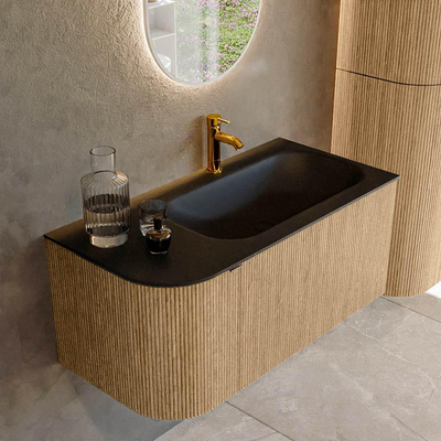 MONDIAZ KURVE Meuble de salle de bains 95cm avec module 25 L couleur chêne avec 1 tiroir et 1 porte. Lavabo BIG SMALL droit 1 trou de robinet Urban.