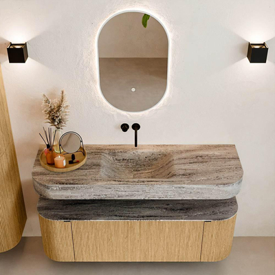 MONDIAZ THOR-DLUX 140cm badmeubel ronding links + rechts kleur Oak met 1 lade en 2 deuren. Vrijhangende wastafel CLOUD Midden zonder kraangat kleur Oza.