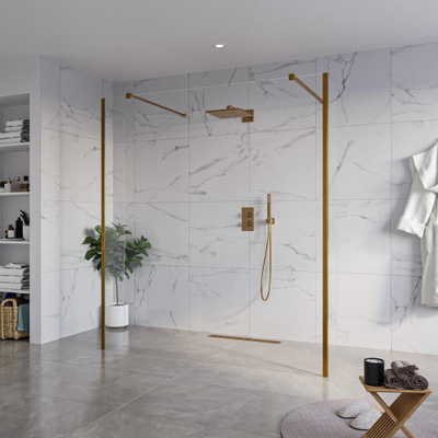 FugaFlow Eccelente Vetro Vrijstaande inloopdouche badkamer - 180x200cm - Helder - antikalk - 8mm veiligheidsglas - 2 zijwanden 30cm - met wandarmen en hoekprofielen - Koper geborsteld -