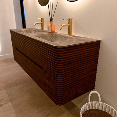 Mondiaz CIRO-DLUX Badkamermeubelset - 140x45x50cm - Solid surface wastafel Oza - 2 wasbak Dubbel - 2 kraangaten - 4 lades - Ruby