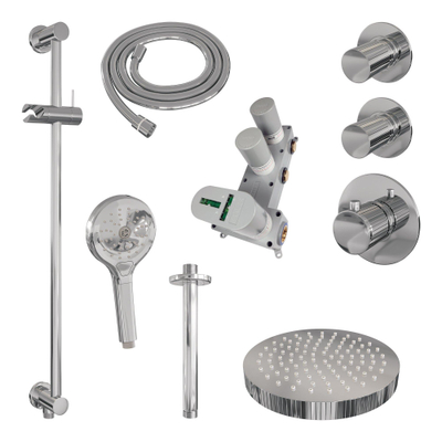 BRAUER Stripe Douche de pluie thermostatique encastrée - SET 12 - pomme de douche 25cm - bras plafond - douchette 3 positions - flexible douche - barre coulissante intégrée - chrome