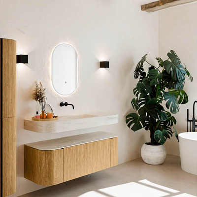 MONDIAZ THOR-DLUX 130cm meuble de salle de bains arrondi gauche + droite couleur Chêne avec 1 tiroir et 2 portes. Vasque suspendue CLOUD Centre sans trou de robinet couleur Meli.