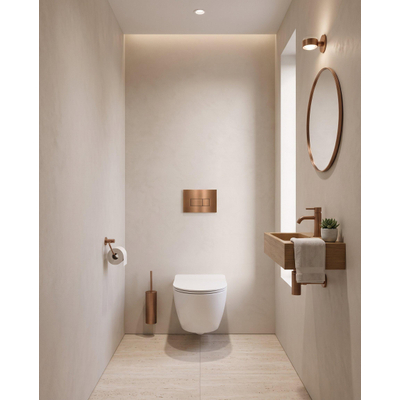 QeramiQ Dely Swirl Compact Toiletset - inbouwreservoir Geberit UP320 - met Burda frame - slim zitting - metalen bedieningsplaat koper - rechthoekige knoppen - glans wit