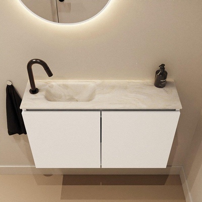 MONDIAZ TURE-DLUX Meuble de toilettes 80 cm Talc. EDEN lavabo Ostra position gauche. Avec 1 trou de robinet.