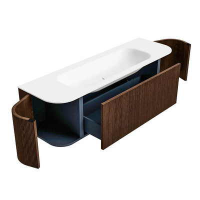 MONDIAZ KURVE Meuble de salle de bains 150 cm avec module 25 Len R couleur Walnut avec 1 tiroir et 2 portes. Lavabo BIG MEDIUM central sans trou de robinet Talc.