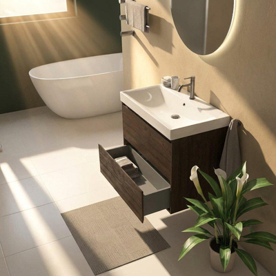Saniclass Holz Pure Ensemble de meubles de salle de bains - 80x45x67.5cm - Wave lavabo en céramique - 1 vasque - 1 trou de robinetterie - 2 tiroirs - chêne charcoal mat (bois)