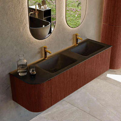 Mondiaz KURVE Badkamermeubelset - 155x46x40cm - 2 lade - 1 deur - wastafel solid surface - dubbel / rechts - 2 kraangaten - Ruby