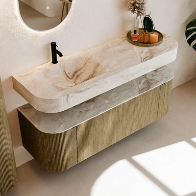 MONDIAZ THOR-DLUX 140cm meuble de salle de bains arrondi gauche + droite couleur Dusk avec 1 tiroir et 2 portes. Vasque suspendue CLOUD Gauche 1 trou de robinet couleur Frappe.