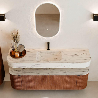 MONDIAZ THOR-DLUX 160cm meuble de salle de bains arrondi gauche + droite couleur Ruby avec 1 tiroir et 2 portes. Vasque suspendue CLOUD Milieu 1 trou de robinet couleur Nata.