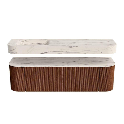 MONDIAZ THOR-DLUX 160cm meuble de salle de bains arrondi gauche + droite couleur Ruby avec 1 tiroir et 2 portes. Vasque suspendue CLOUD Gauche sans trou de robinet couleur Nata.