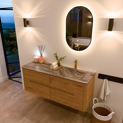 Mondiaz CIRO-DLUX Meuble de salle de bains - 130x45x50cm - Plan-vasque solid surface Sombra - 1 lavabo à droite - 1 trou de robinet - 4 tiroirs - Chêne