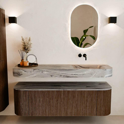 MONDIAZ THOR-DLUX 150cm badmeubel ronding links + rechts kleur Walnut met 1 lade en 2 deuren. Vrijhangende wastafel CLOUD Rechts zonder kraangat kleur Sombra.