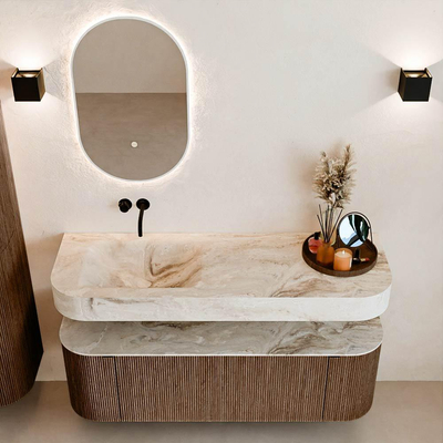 MONDIAZ THOR-DLUX Meuble de salle de bains 140cm arrondi gauche + droite couleur Walnut avec 1 tiroir et 2 portes. Vasque suspendue CLOUD Gauche sans trou de robinet couleur Frappe.