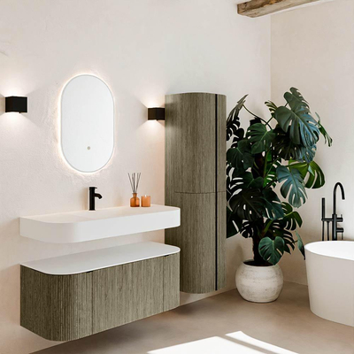 MONDIAZ THOR Meuble de salle de bains 110cm arrondi gauche + droite couleur Shadow avec 1 tiroir et 2 portes. Vasque suspendue CLOUD Milieu 1 trou de robinet couleur Talc.