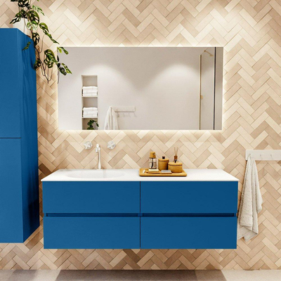 Mondiaz VICA ensemble de meuble de salle de bain - 140cm - meuble sous-vasque jeans - 4 tiroirs - lavabo moon gauche - 1 trou de robinet - couleur talc - miroir LED - version XL 60cm haut