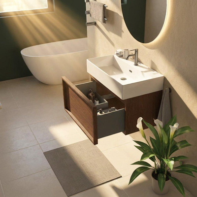 Saniclass Holz Frame Ensemble meuble de salle de bains - 80x45x52cm - lavabo Legend en céramique blanc - 1 vasque - 1 trou de robinetterie - 1 tiroir - walnut pure mat (bois)