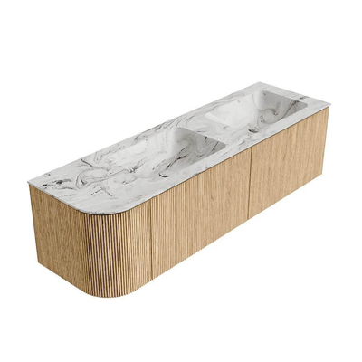 MONDIAZ KURVE-DLUX 155cm Meuble salle de bain avec module 25 G - couleur Oak - 2 tiroirs - 1 porte - vasque LEAF double / droite - 2 trous de robinet - couleur Glace