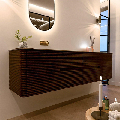 Mondiaz CIRO-DLUX Badkamermeubelset - 190x45x50cm - Solid surface wastafel Sombra - 1 wasbak Links - zonder kraangaten - 4 lades - Walnut