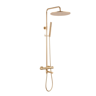 Fortifura Calvi Regendoucheset - thermostatisch - 30cm hoofddouche - metalen slang - staaf handdouche - draaibare baduitloop - Geborsteld Messing PVD (Goud)