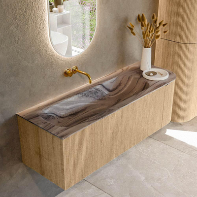 MONDIAZ KURVE-DLUX 135cm badmeubel ronding Rechts kleur Oak met 1 lade en 1 deur. Wastafel BIG MEDIUM Links zonder kraangat Sombra.