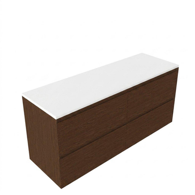 Saniclass Holz Pure Ensemble meuble de salle de bains - 140x45x62.5cm - plan supérieur Torino en solid surface blanc - sans trou de robinet - 4 tiroirs - noyer pure mat (bois)